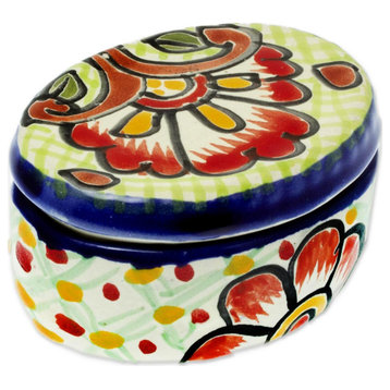 Novica Handmade Hidalgo Bouquet Ceramic Cotton Bud Jar