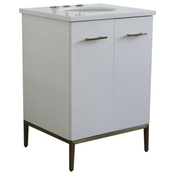 25" Single Sink Vanity, White Finish With White Quartz And Oval Sink