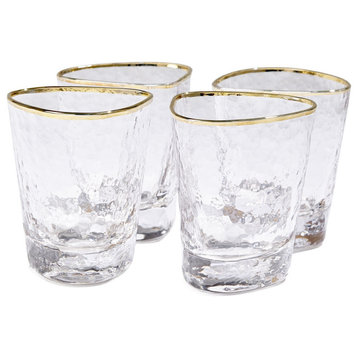 Elegant Hammered Art Water Glass Set of 4 DOF Gold Rim Modern Asymmetrical