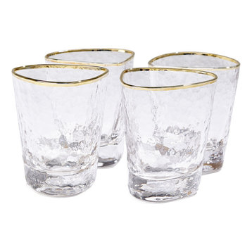 Elegant Hammered Art Water Glass Set of 4 DOF Gold Rim Modern Asymmetrical