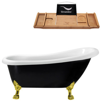 61" Black Clawfoot Tub and Tray, Gold Feet, Chrome Internal Drain