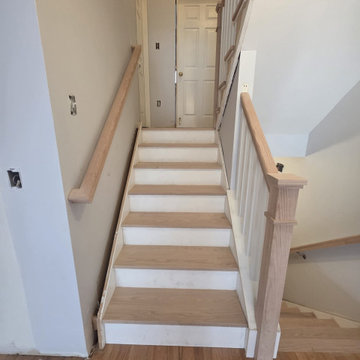New Red Oak Stair Treads with White Risers and Custom All-Wood Railing