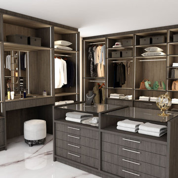Modern walk-in fitted wardrobe dark walnut dresser supplied by Inspired Elements