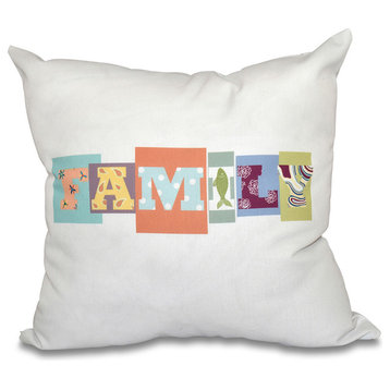 16"x16" Family Fun, Word Print Pillow, Coral