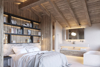 Idée de décoration pour une chambre parentale chalet avec un plafond en bois.