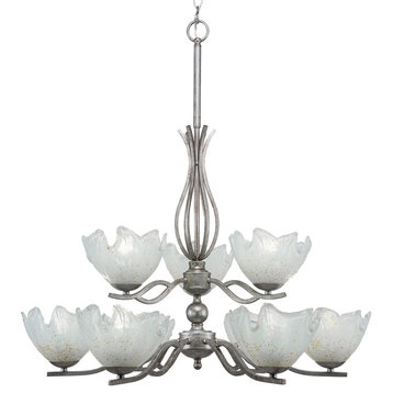Revo 9 Light Chandelier Shown In Aged Silver Finish With 7" Gold Ice Glass