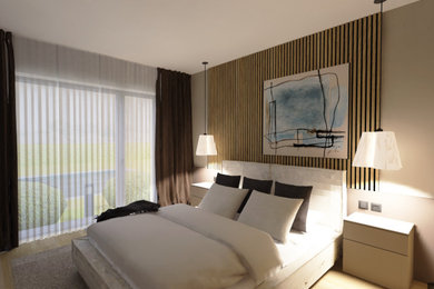 Foto de dormitorio principal escandinavo pequeño con paredes beige, suelo de madera clara, suelo beige y panelado