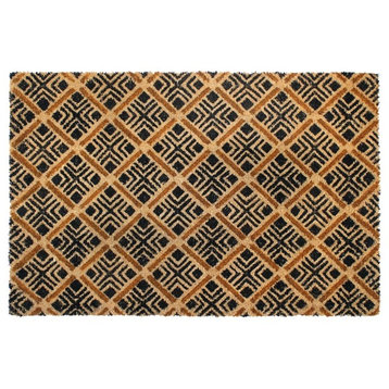 Natural Black Machine Tufted Geo Diamond Coir Doormat, 24"x36"