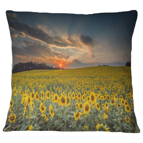 Sunflower Sunset with Cloudy Sky Landscape Printed Throw Pillow, 16"x16"