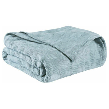 100% Cotton Basketweave Thermal Woven Blanket, Light Blue, King