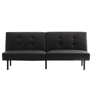 Comfortable Futon, Black Faux Leather Upholstery & Button Tufted Back, Standard