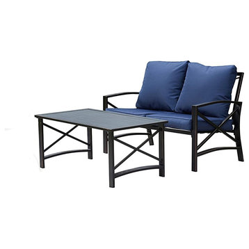 2 Pieces Patio Set, Rectangular Table and and Cushioned Loveseat, Blue Finish