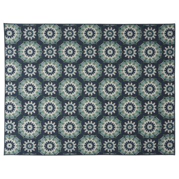 Noble House Marakesh 7' 10" x 10' Outdoor Medallion Area Rug in Navy and Green