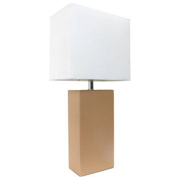 Elegant Designs Modern Leather Table Lamp With White Fabric Shade, Beige