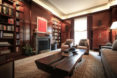 Inspiration for a large transitional open concept living room in Newark with a library and no tv.