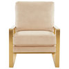 LeisureMod Jefferson Velvet Accent Armchair With Gold Frame, Beige