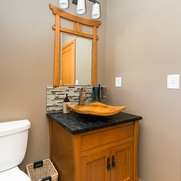Cherry vanity with soapstone top & bamboo sink
