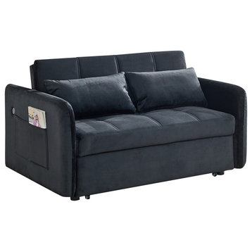 TATEUS 55.5" Twins Pull Out Sofa Bed Velvet  for Small Room Black