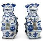 China Furniture and Arts - Set of 2 Blue and White Qing Dynasty Foo Dogs - Dimensions: 6"W x 11"D x 14"H each