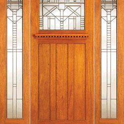 Mahogany Mission Style Prehung Single Door and Full lite Two Sidelites - Front Doors
