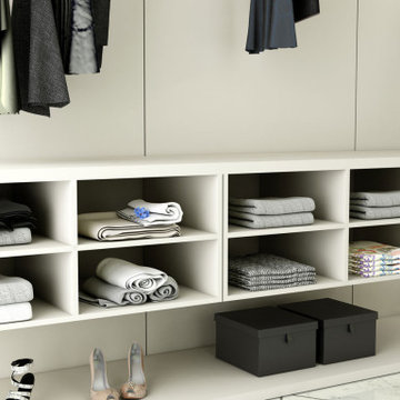 Fitted Walk in wardrobe in Light grey matt finish supplied by Inspired Elements