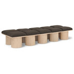 Meridian Furniture - Pavilion Black Boucle Fabric Bench, Brown, Natural Finish, 90" W X 31" D X 17.5" H - Bring valuable seating and remarkable style to your space with this Brown Pavilion boucle fabric bench, an exquisite balance of style and usability for the entryway, bedroom, and beyond. Crafted from oak veneer with a natural finish, this bench has a 4-inch-thick seat cushion that's channel-tufted for a touch of luxury. The bench's columnar bases add a dash of art deco design, making it a captivating focal point in any room.