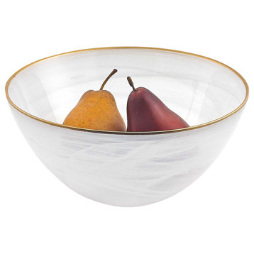 HomeRoots 10" Hand Crafted White Gold Glass Fruit or Salad Bowl With Gold Rim