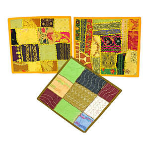 Mogul Interior - Yellow Throw Pillows Covers, Sari Embroidered Vintage Cushion Covers 16x16 Set - Decorative Pillows