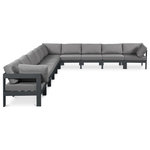 Meridian Furniture - Nizuc Water Resistant Patio L-Shaped Modular Sectional, Gray, 10-Piece: 7 Armless Chair, 3 Corner Chair, Dark Gray Aluminum Frame - Pick and choose your favorites from the Nizuc collection to create a modular seating group the whole gang will enjoy. The sturdy aluminum frame provides dependable support for friends and family as they relax and unwind, and the resilient grey water resistant fabric stands up to the elements without losing its beautiful demeanor, so you can count on it lasting for the long haul. Latches beneath these seating pieces help you easily attach them to one another for convenient setup.