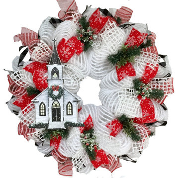 White Chapel Christmas in New England Wreath Handmade Deco Mesh