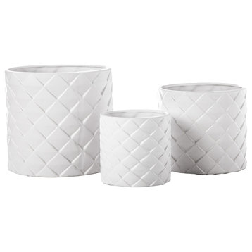 Ceramic Pot with Diamond Scale Pattern Design Matte White Finish, Set of 3