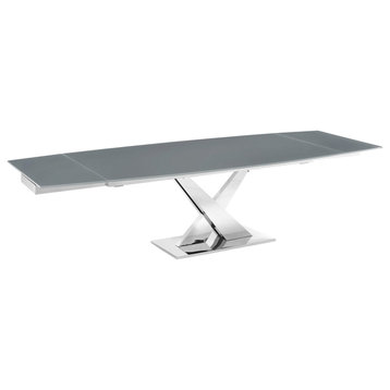 X Base Manual Dining Table with Stainless Base and Gray Top