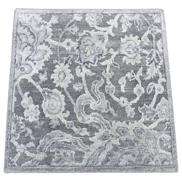Gray Silk With Textured Wool Hand Knotted Oushak Influence Mat Rug, 2'x2'1"