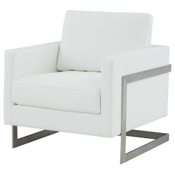 Modrest Prince Contemporary White Vegan Leather + Silver Steel Accent Chair