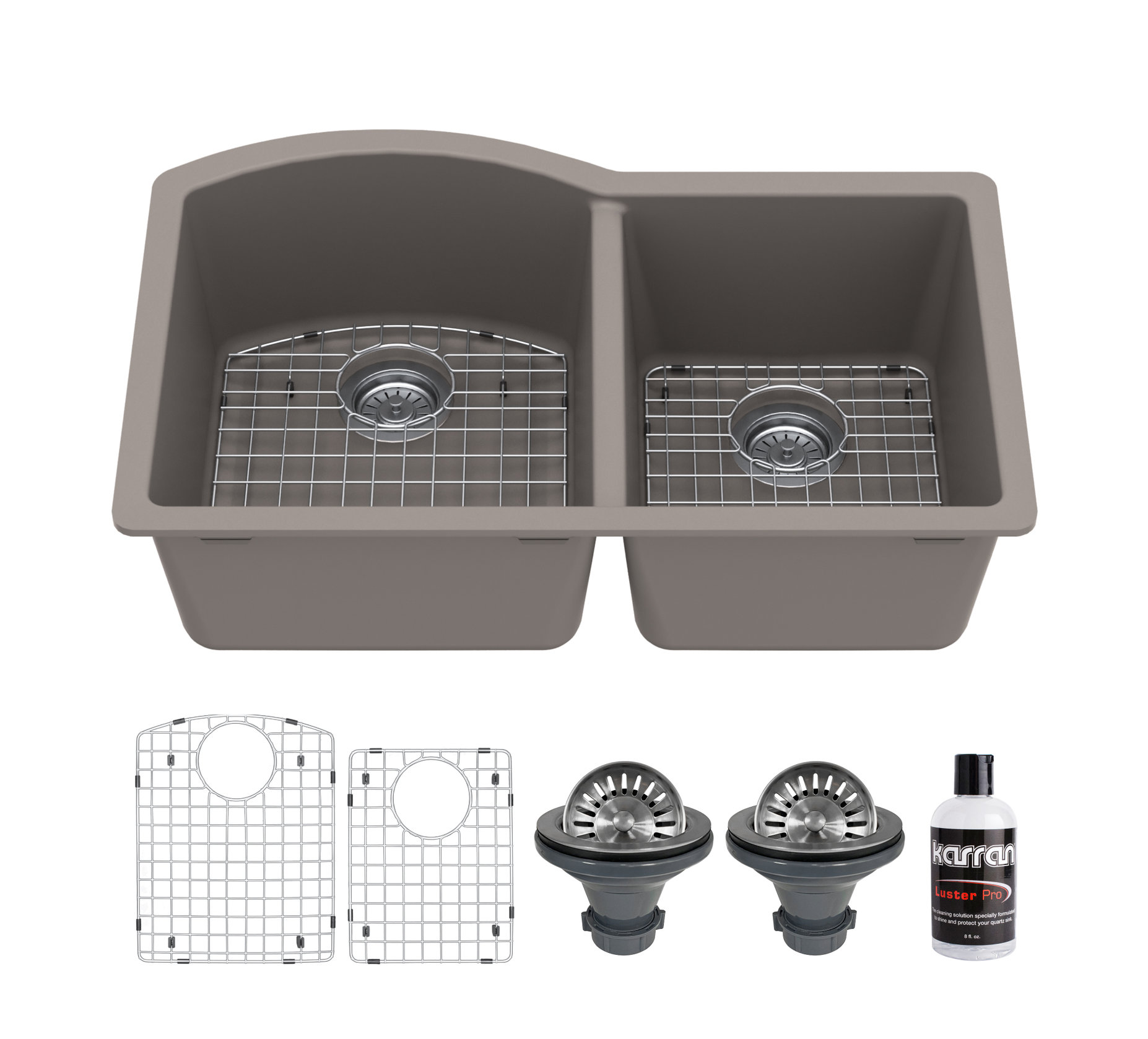 Karran Undermount Quartz 32" 60/40 Double Bowl Kitchen Sink Kit, Concrete