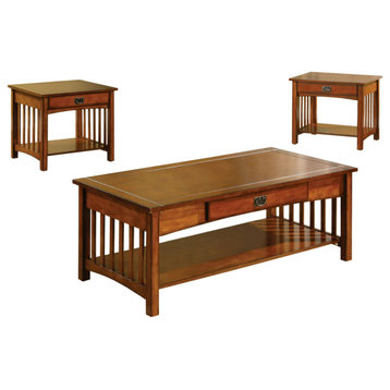 3 Pieces Coffee Table Set, Mission Design With Lower Shelf, Drawer, Antique Oak