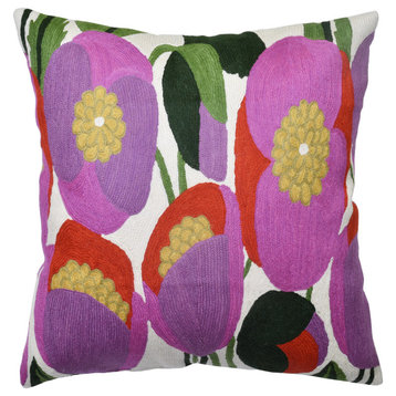 Lily Bloom Modern Accent Pillow Cover Hand Embroidered Wool 18x18"