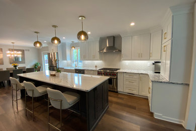 Large 1960s l-shaped brown floor and vinyl floor eat-in kitchen photo in New York with a farmhouse sink, shaker cabinets, white cabinets, quartz countertops, gray backsplash, porcelain backsplash, stainless steel appliances, an island and multicolored countertops