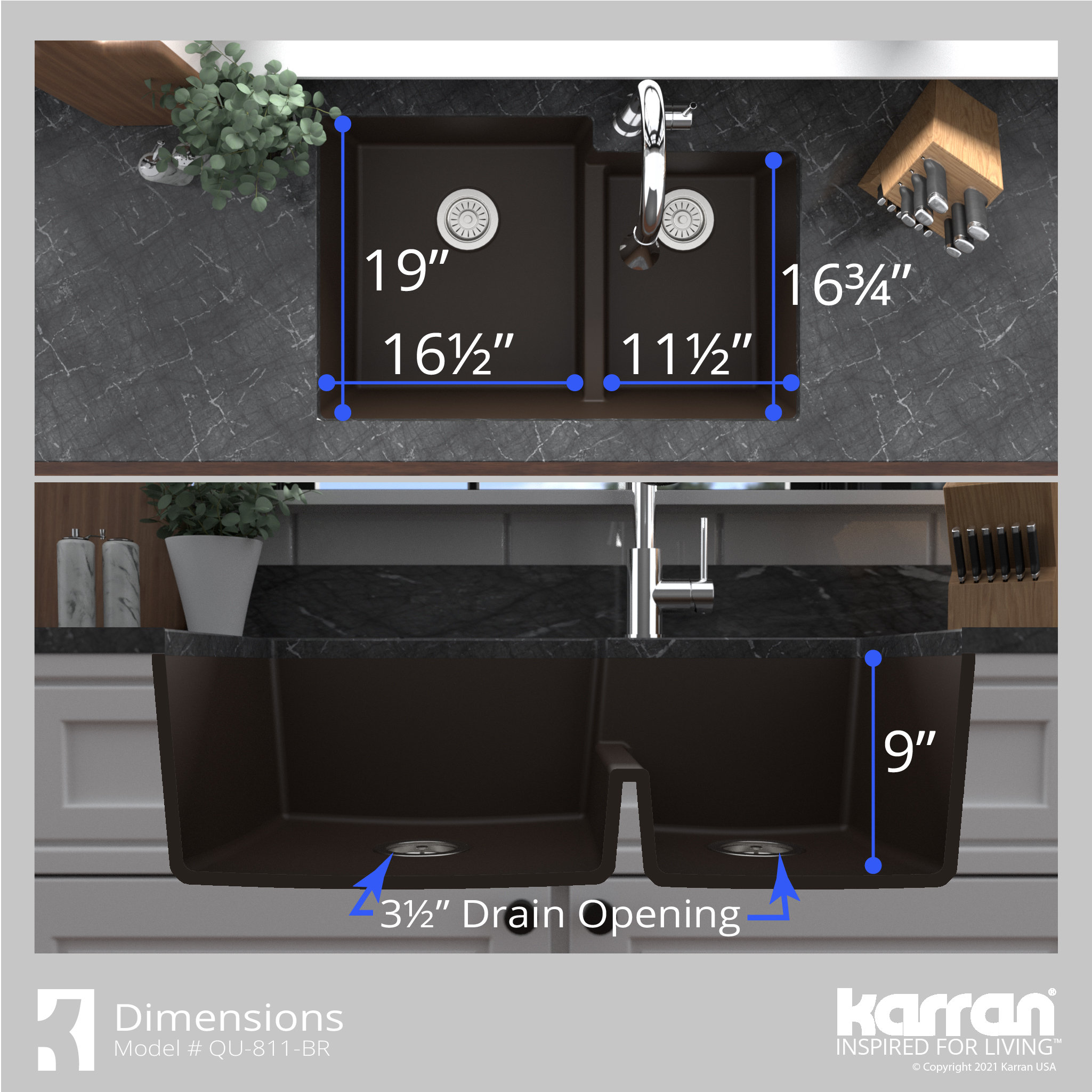 Karran 32" Undermount Large/Small Bowl Quartz Kitchen Sink, Brown