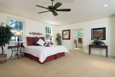 Bedroom - large traditional master carpeted bedroom idea in San Diego with white walls and no fireplace