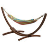 Double Cotton Hammock Bed W/ 10 ft Wooden Arc Patio Hammock Stand, Tropical