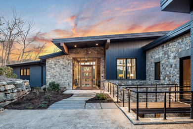 Inspiration for a contemporary slate floor single front door remodel in Other with a dark wood front door