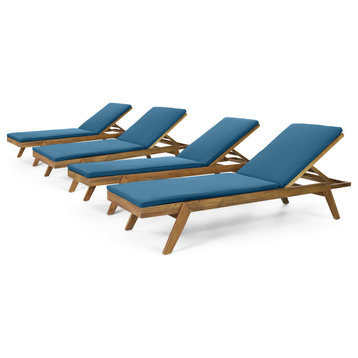 Larimore Outdoor Acacia Wood Chaise Lounge with Cushions (Set of 4), Blue + Teak