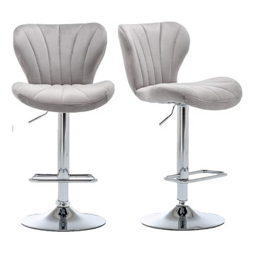 Set of 2 Bar Stool, Chrome Base With Footrest & Armless Ribbed Velvet Seat, Grey