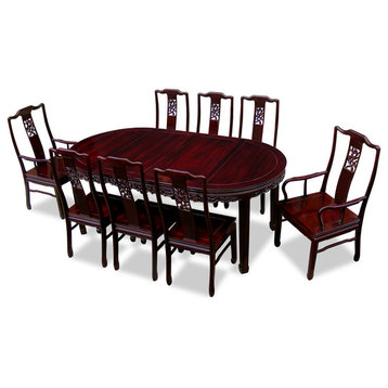 80" Rosewood Flower Design Oval Dining Table With 8 Chairs