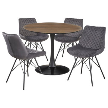 5 Pieces Dining Set, Round Table & Gray Upholstered Chairs With Diamond Tufting