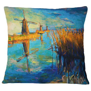 Windmills With Sky And Water Landscape Printed Throw Pillow, 16"x16"