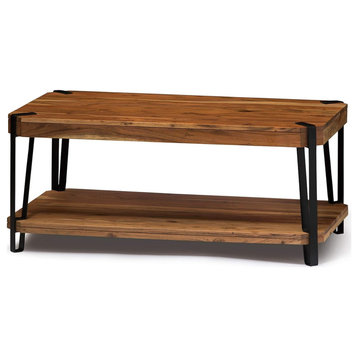 Industrial Coffee Table, Metal Straps Frame With Rectangular Top & Lower Shelf