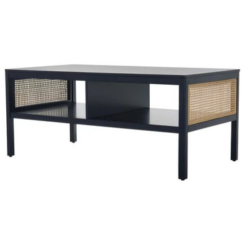 Contemporary Coffee Table, 2 Open Compartments With Mesh Rattan Sides, Navy