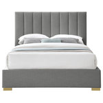 Meridian Furniture - Pierce Linen Textured Fabric Upholstered Bed, Gray, Full - Give your bedroom a facelift with this Pierce linen textured bed. This full-size bed features elegant grey linen textured upholstery that runs from its headboard, down its sides to its footboard, adding a sophisticated feel to your space. Deep channel tufting on the super tall headboard adds to its regal look, and it comes with both gold and chrome legs, so you can give it a personalized spin to match your decor preferences.